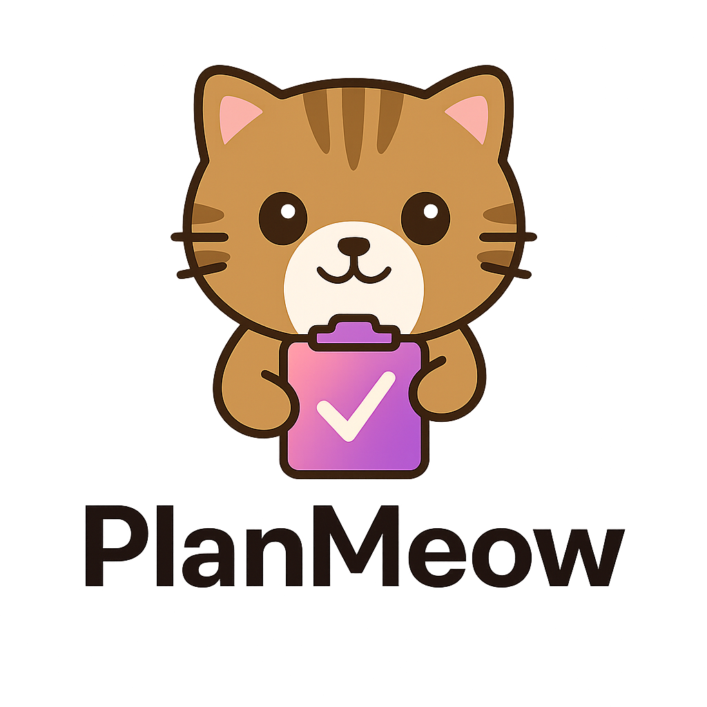 PlanMeow ロゴ - チェックリストを持ったかわいいキジトラ猫のアイコン